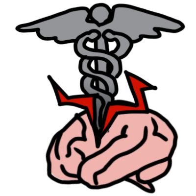 a caduceus, a medical symbol, with the end sticking into a brain. two red lightning bolts come from where the end impacts the brain.